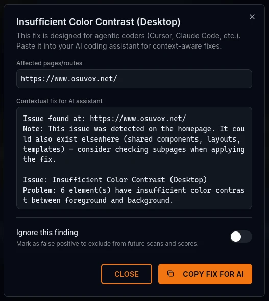 AI fix modal for agentic coders